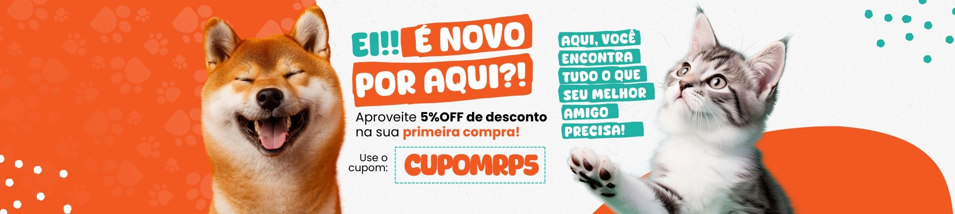 Cachorro e gato felizes rodeados de produtos pet da Ração Programada